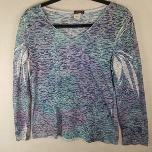 Upload Burnout Graphic Tee Womens Large Blue Purple Excellent V-Neck Long Sleeve
